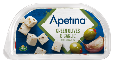 White cheese cubes in oil green Olives & Garlic 100 g