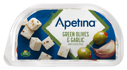 Apetina white cheese cubes in oil green Olives & Garlic 100 g