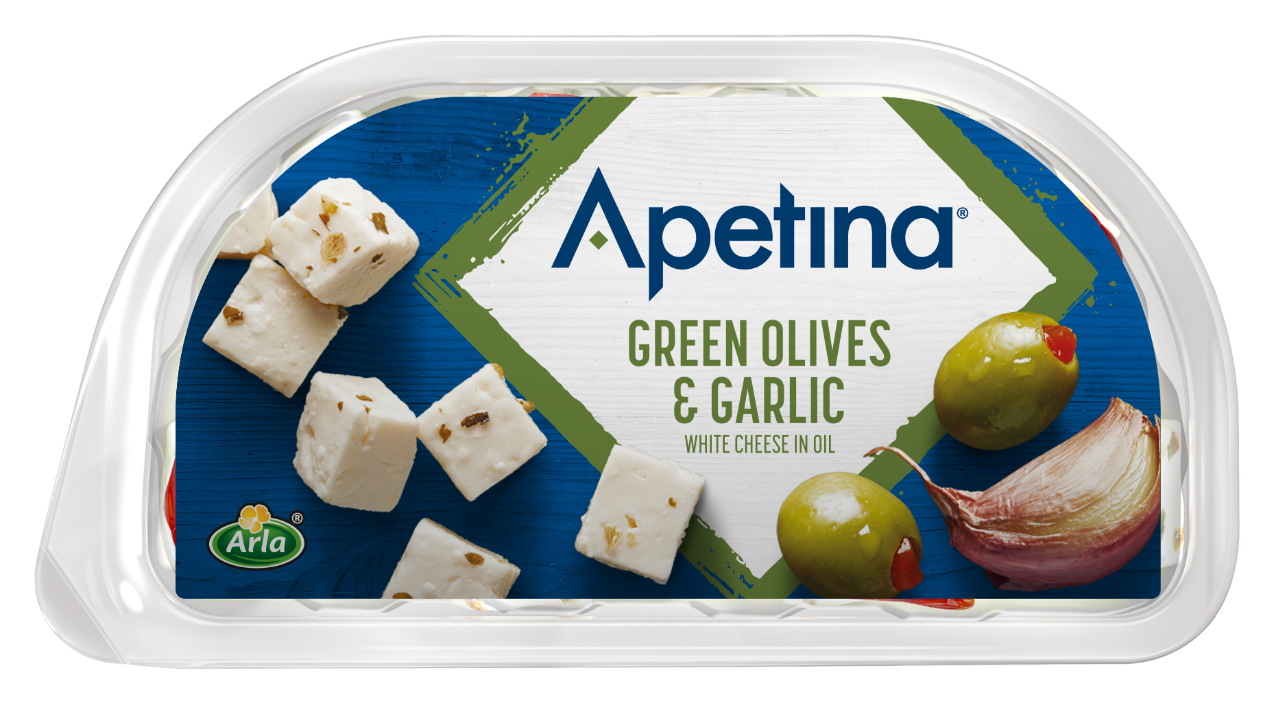 Apetina® Apetina white cheese cubes in oil green Olives & Garlic 100 g