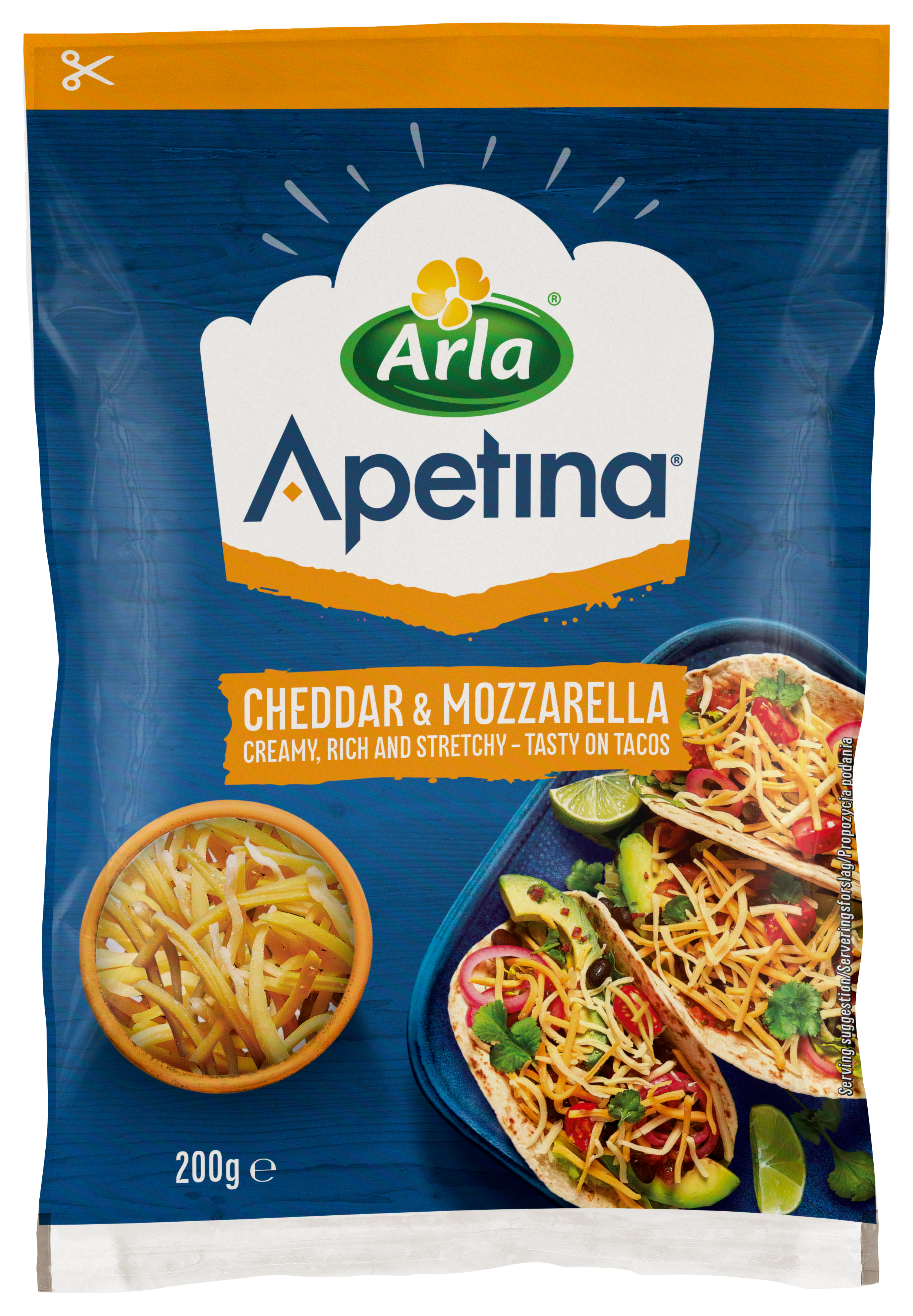 Apetina® Cheddar & Mozzarella revet 200g